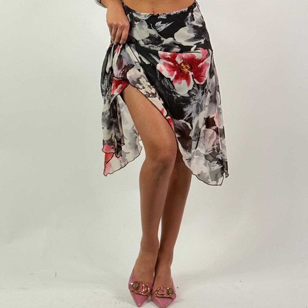 Grey Floral Midi Skirt S